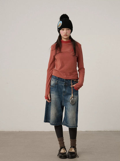 Achihara Washed Blue Rigid Denim Straight Leg Office Natural Waist Women Short Jeans