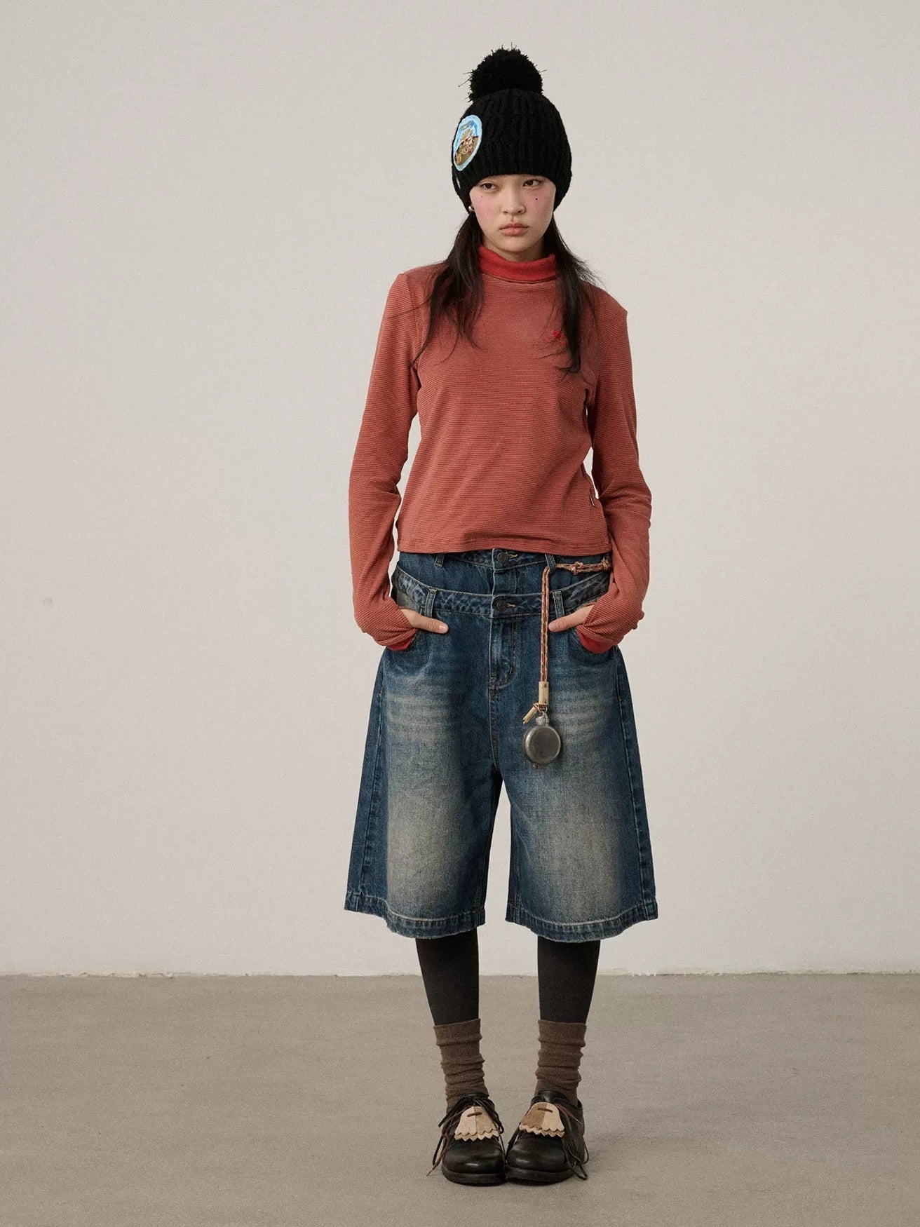 Achihara Washed Blue Rigid Denim Straight Leg Office Natural Waist Women Short Jeans