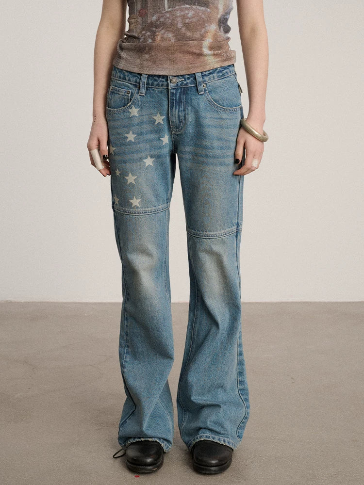 Achihara Washed Blue Star Detail Natural Waist Non Stretch Women Denim Straight Jeans-1