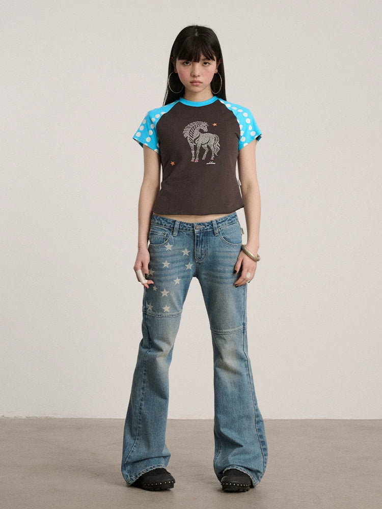 Achihara Washed Blue Star Detail Natural Waist Non Stretch Women Denim Straight Jeans-5
