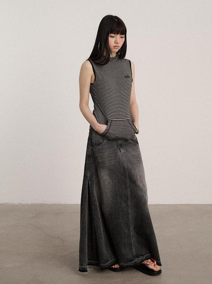 Achihara Washed Cotton Blend Low Waist A Line Loose Fit Women Black Maxi Skirts