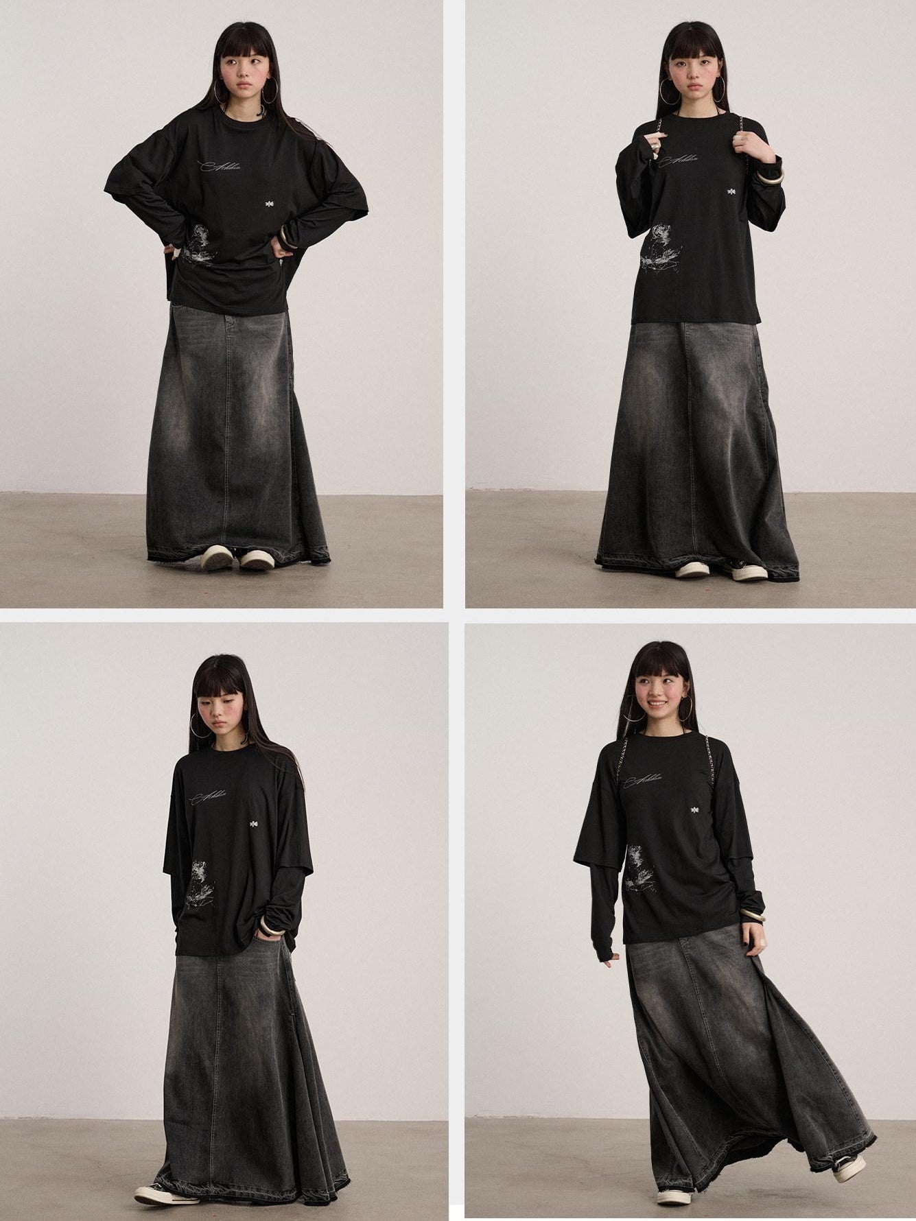 Achihara Washed Cotton Blend Low Waist A Line Loose Fit Women Black Maxi Skirts