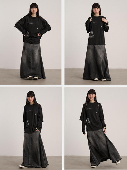 Achihara Washed Cotton Blend Low Waist A Line Loose Fit Women Black Maxi Skirts