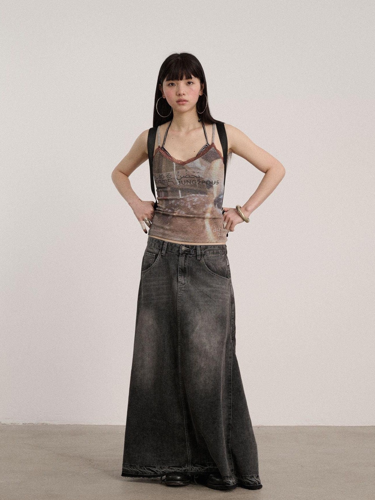 Achihara Washed Cotton Blend Low Waist A Line Loose Fit Women Black Maxi Skirts