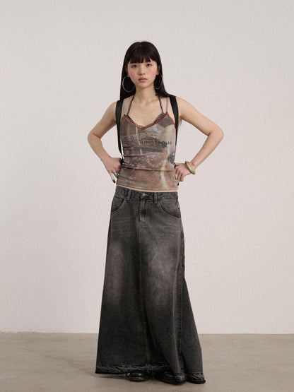 Achihara Washed Cotton Blend Low Waist A Line Loose Fit Women Black Maxi Skirts