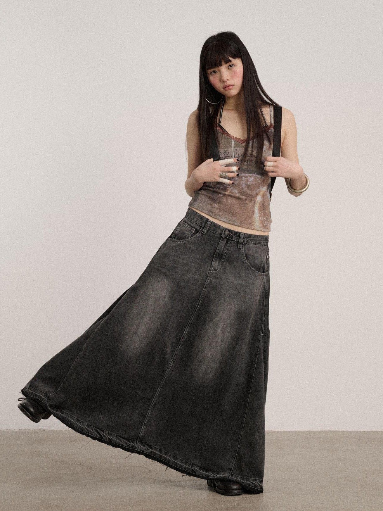 Achihara Washed Cotton Blend Low Waist A Line Loose Fit Women Black Maxi Skirts