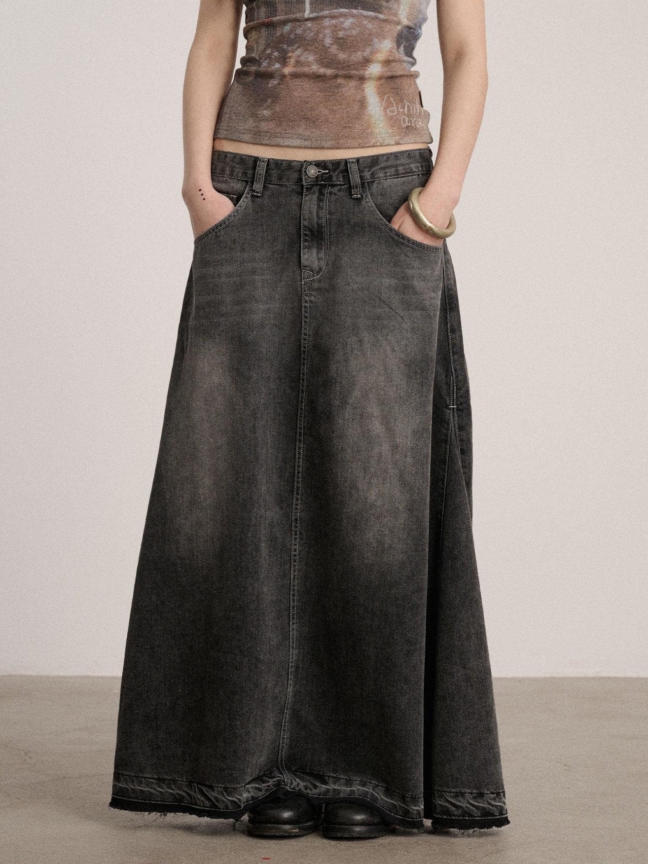Achihara Washed Cotton Blend Low Waist A Line Loose Fit Women Black Maxi Skirts