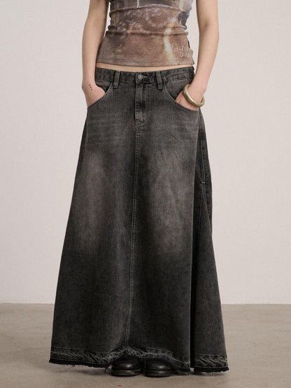 Achihara Washed Cotton Blend Low Waist A Line Loose Fit Women Black Maxi Skirts