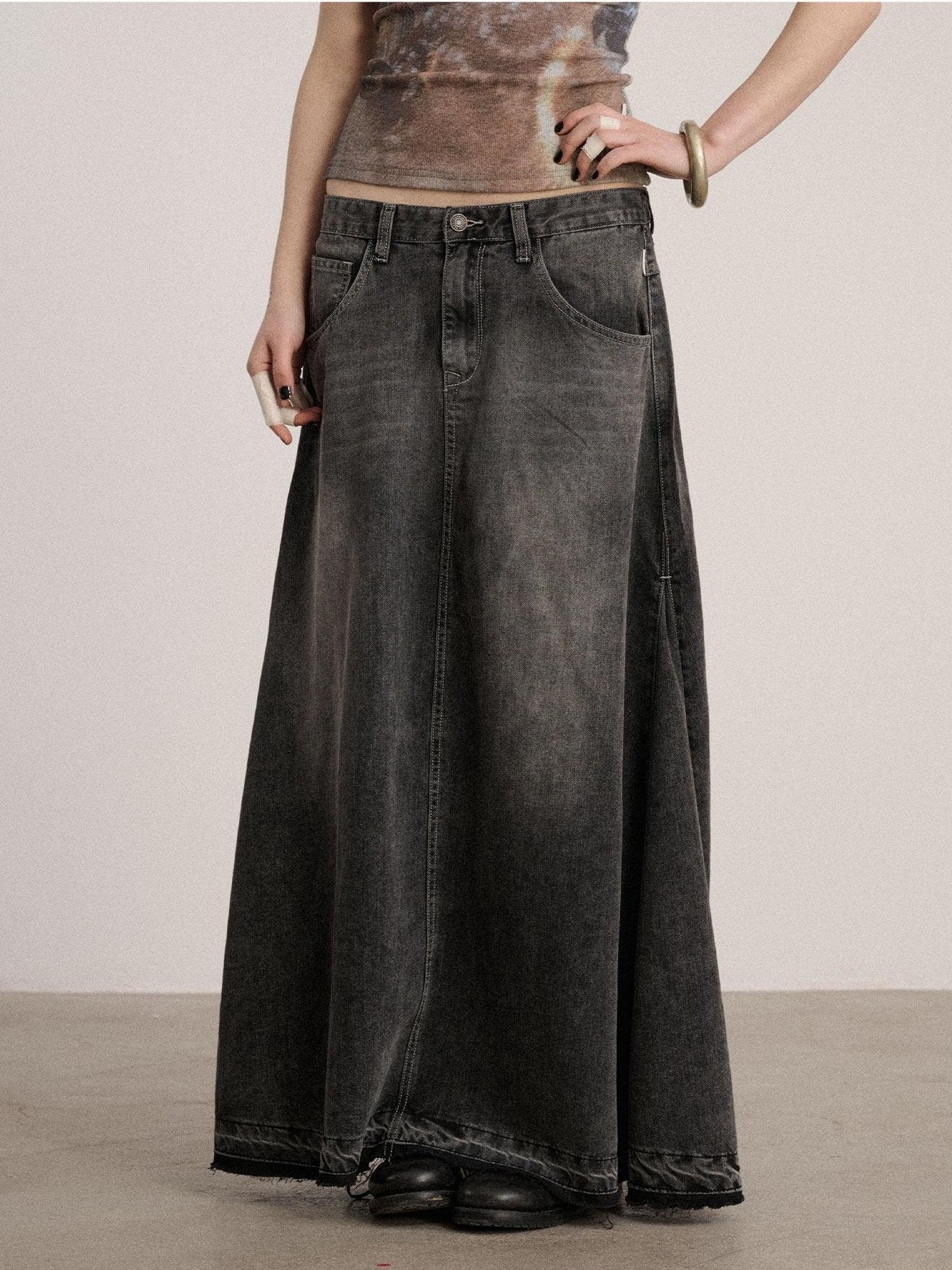 Achihara Washed Cotton Blend Low Waist A Line Loose Fit Women Black Maxi Skirts