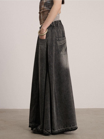 Achihara Washed Cotton Blend Low Waist A Line Loose Fit Women Black Maxi Skirts