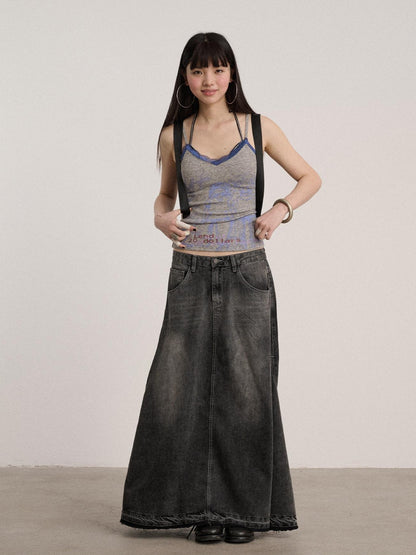 Achihara Washed Cotton Blend Low Waist A Line Loose Fit Women Black Maxi Skirts
