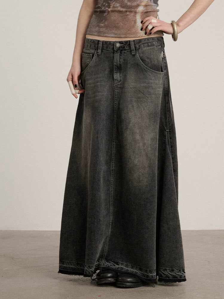 Achihara Washed Cotton Blend Low Waist A Line Loose Fit Women Black Maxi Skirts-1