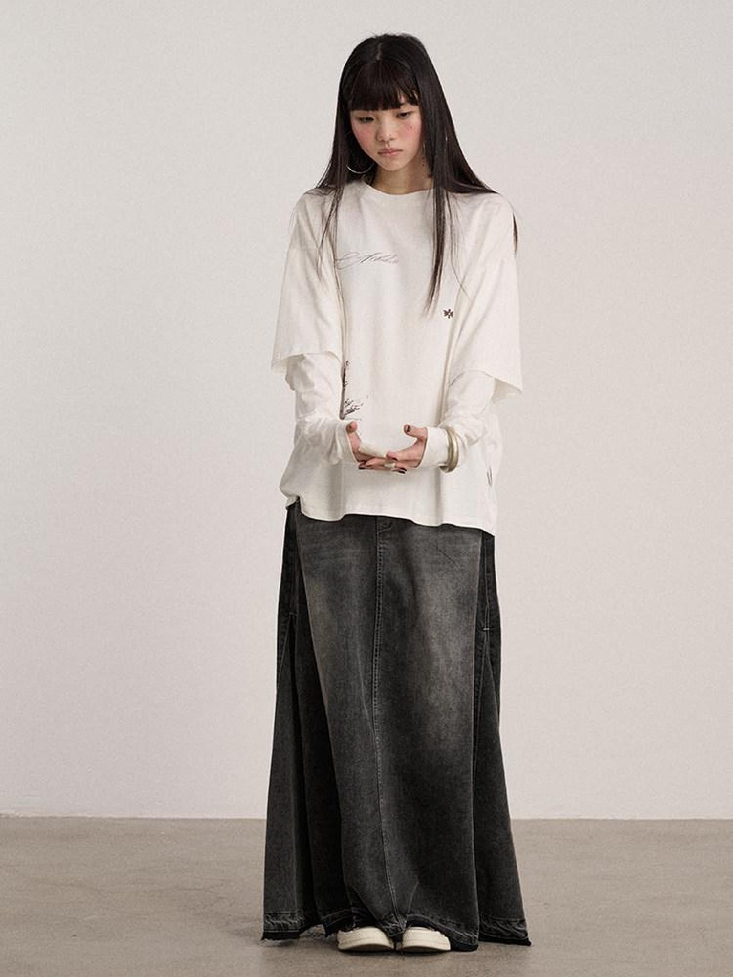 Achihara Washed Cotton Blend Low Waist A Line Loose Fit Women Black Maxi Skirts