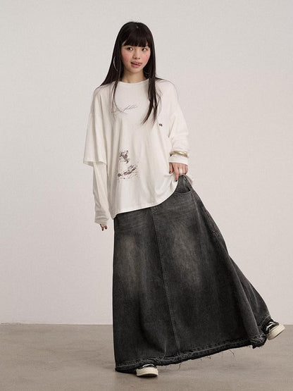 Achihara Washed Cotton Blend Low Waist A Line Loose Fit Women Black Maxi Skirts