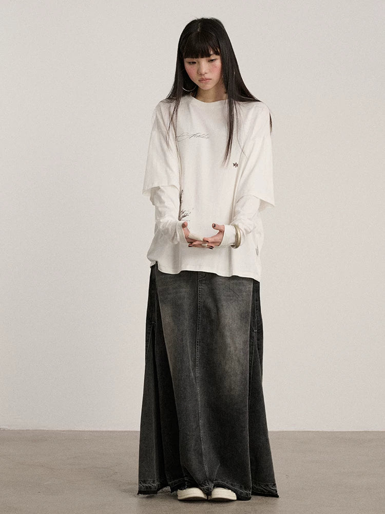 Achihara Washed Cotton Blend Low Waist A Line Loose Fit Women Black Maxi Skirts-3