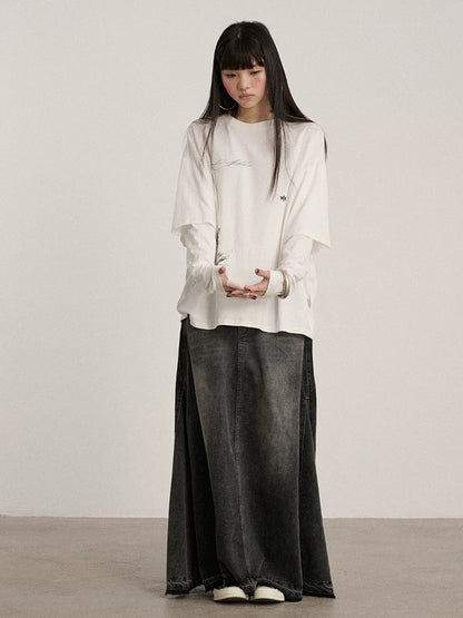 Achihara Washed Cotton Blend Low Waist A Line Loose Fit Women Black Maxi Skirts-3