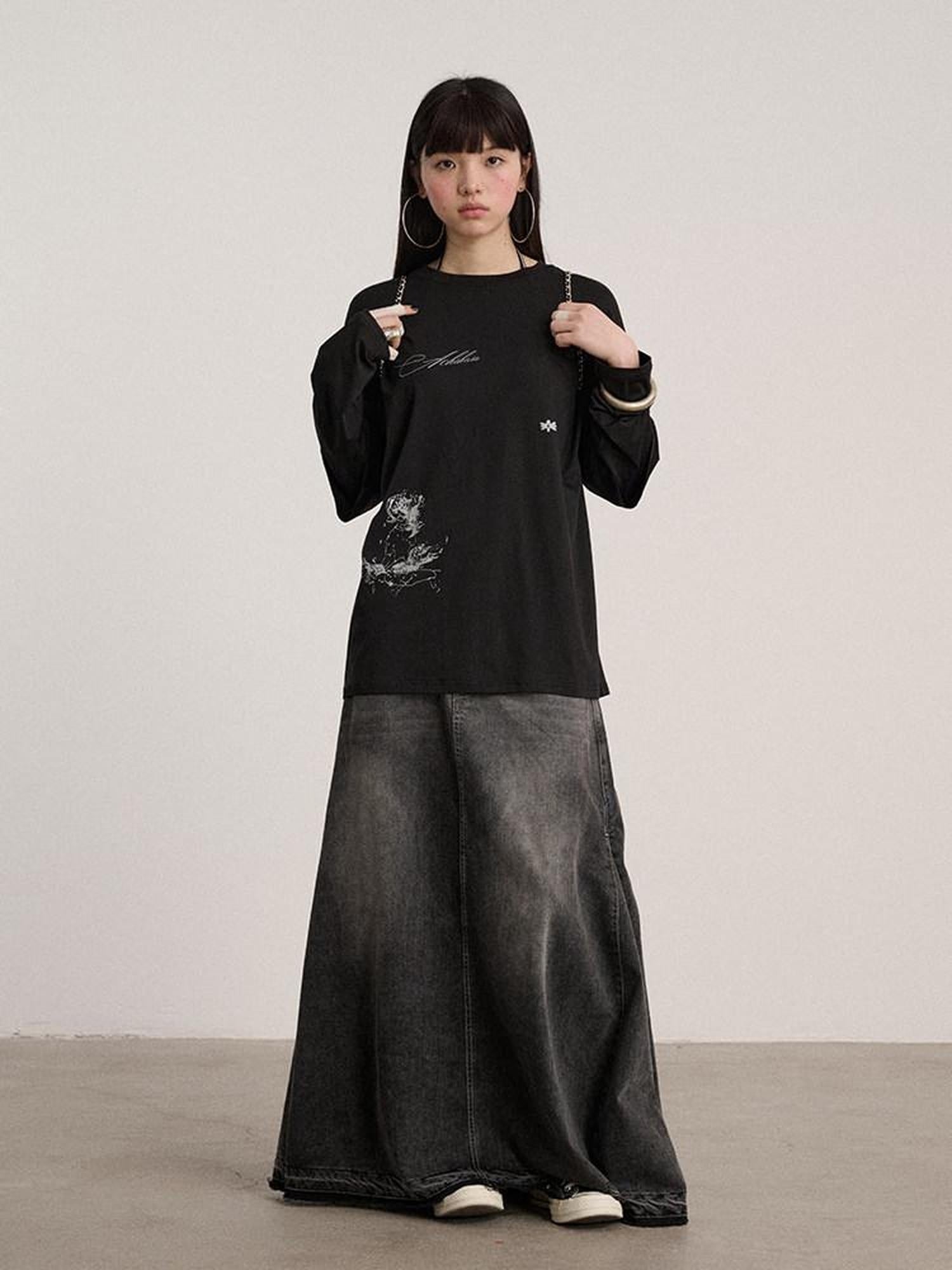 Achihara Washed Cotton Blend Low Waist A Line Loose Fit Women Black Maxi Skirts