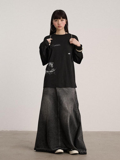 Achihara Washed Cotton Blend Low Waist A Line Loose Fit Women Black Maxi Skirts