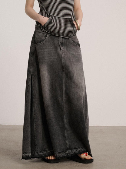 Achihara Washed Cotton Blend Low Waist A Line Loose Fit Women Black Maxi Skirts