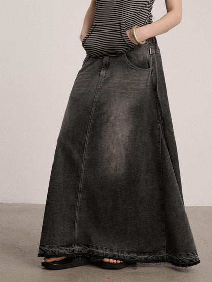 Achihara Washed Cotton Blend Low Waist A Line Loose Fit Women Black Maxi Skirts