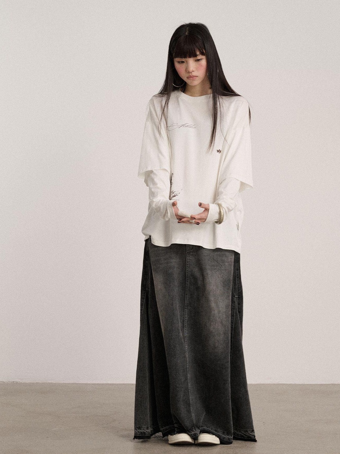 Achihara Washed Cotton Blend Low Waist A Line Loose Fit Women Black Maxi Skirts