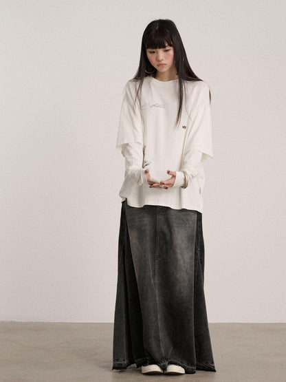 Achihara Washed Cotton Blend Low Waist A Line Loose Fit Women Black Maxi Skirts
