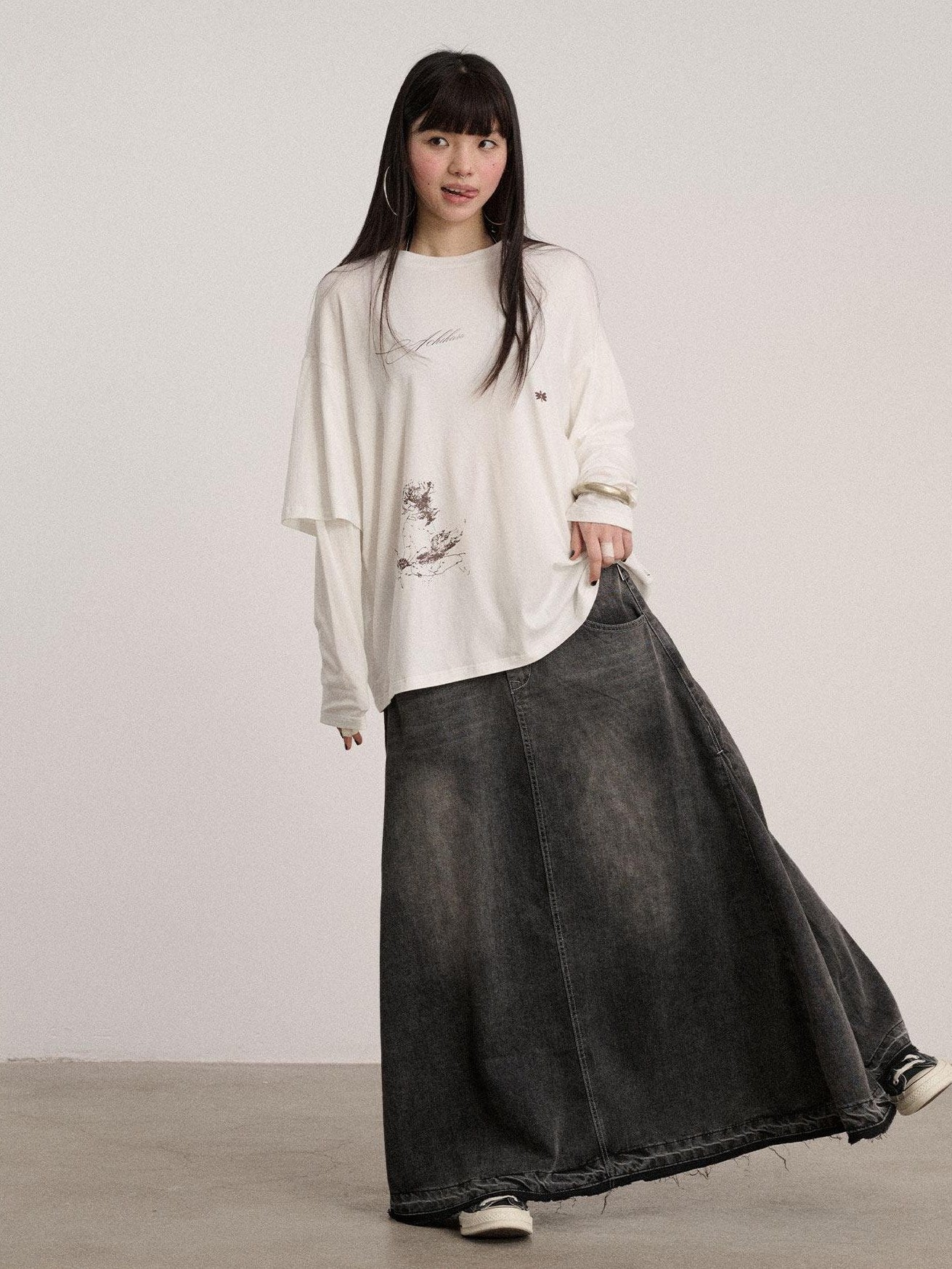 Achihara Washed Cotton Blend Low Waist A Line Loose Fit Women Black Maxi Skirts
