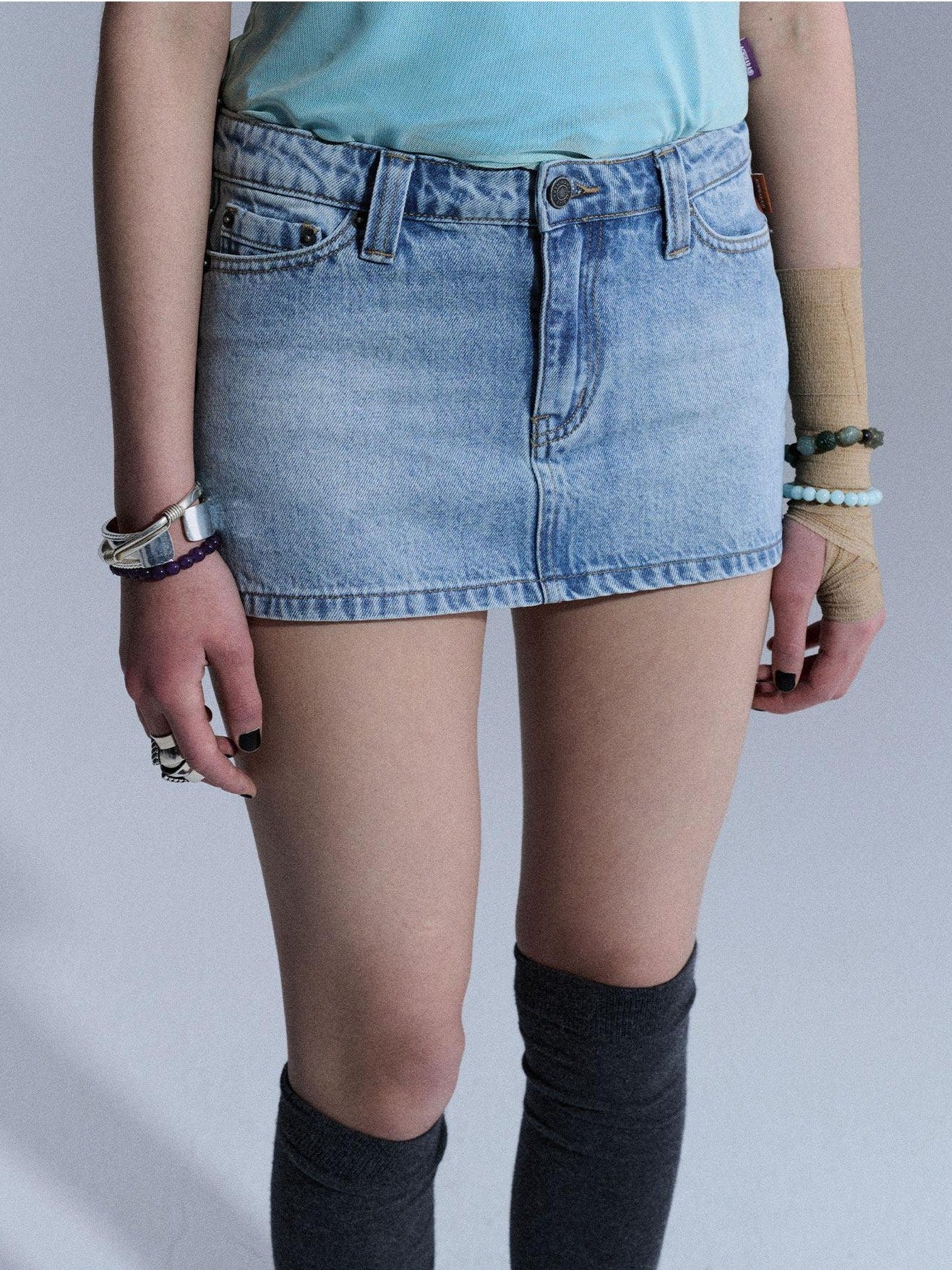 Achihara Washed Light Blue Chain A Line Women&
