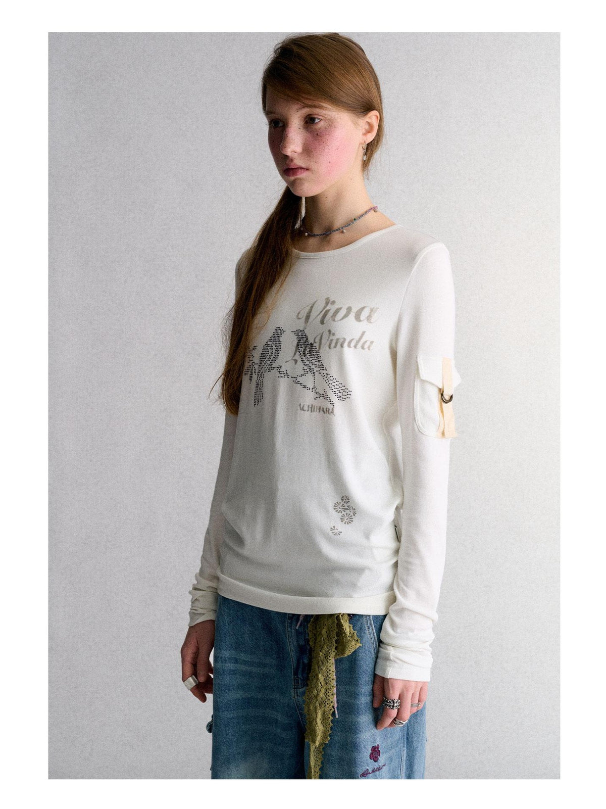 Achihara White Animal Print Rhinestone Slim Fit Women&