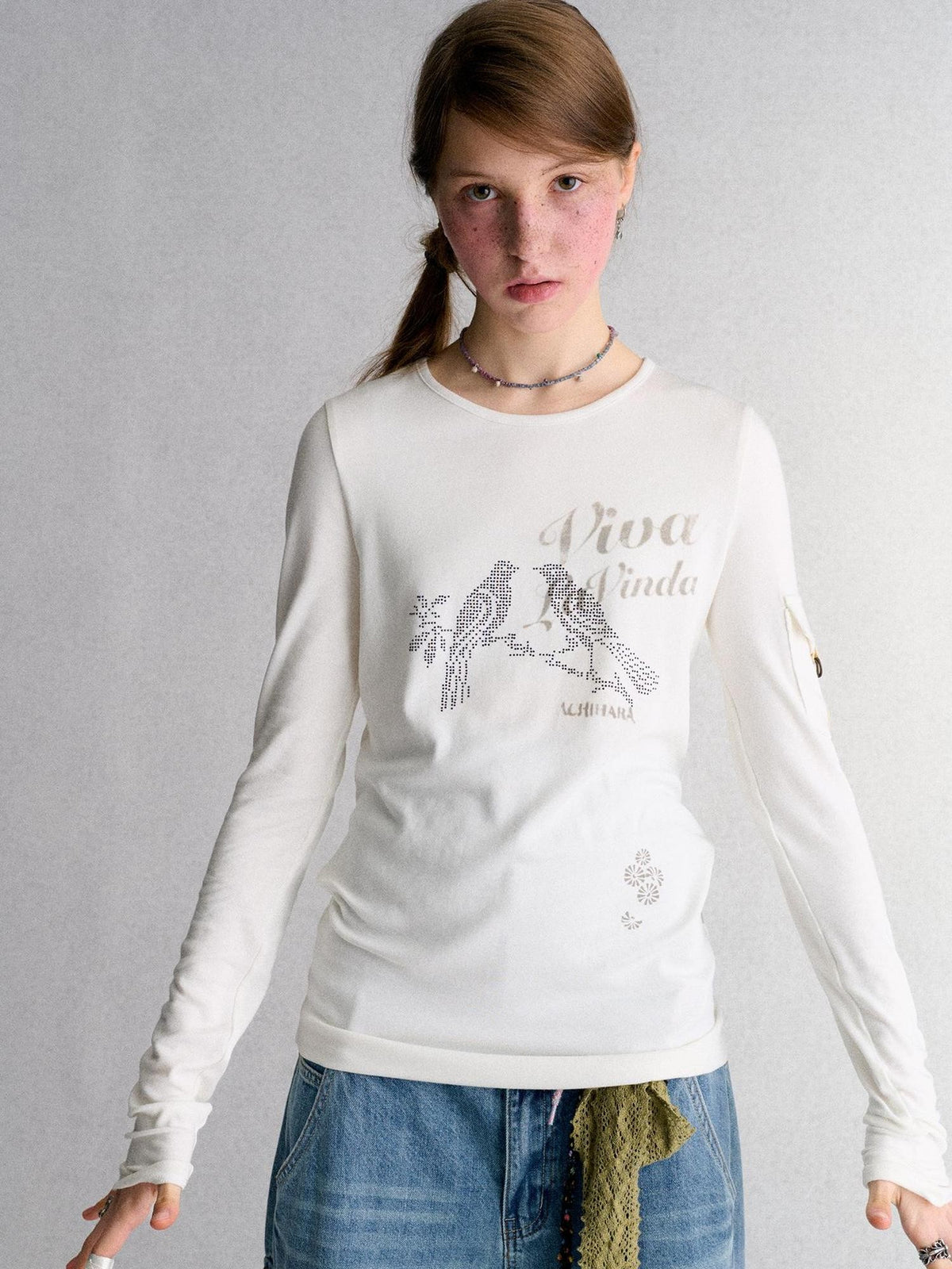 Achihara White Animal Print Rhinestone Slim Fit Women&