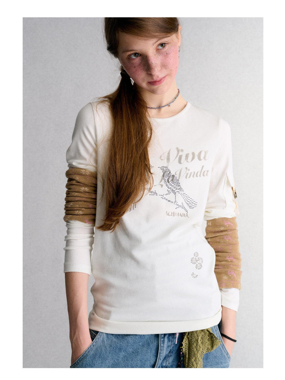 Achihara White Animal Print Rhinestone Slim Fit Women&