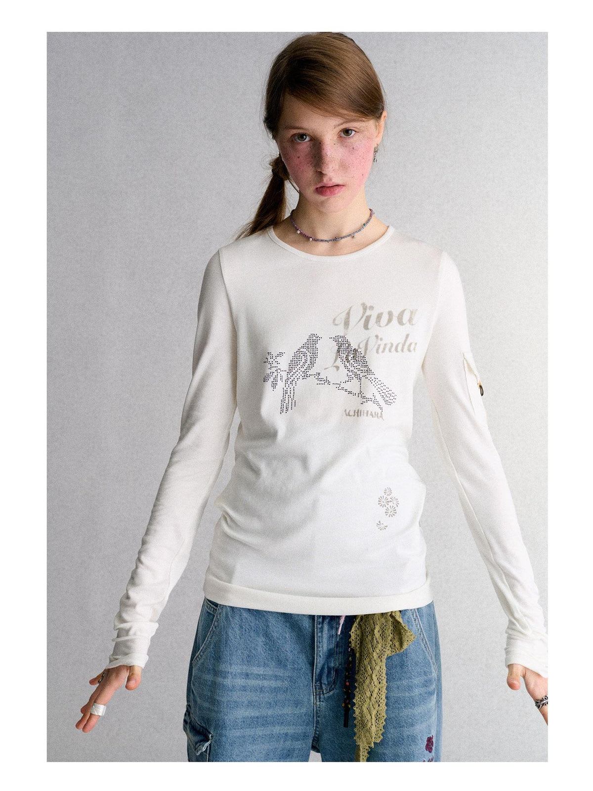 Achihara White Animal Print Rhinestone Slim Fit Women&