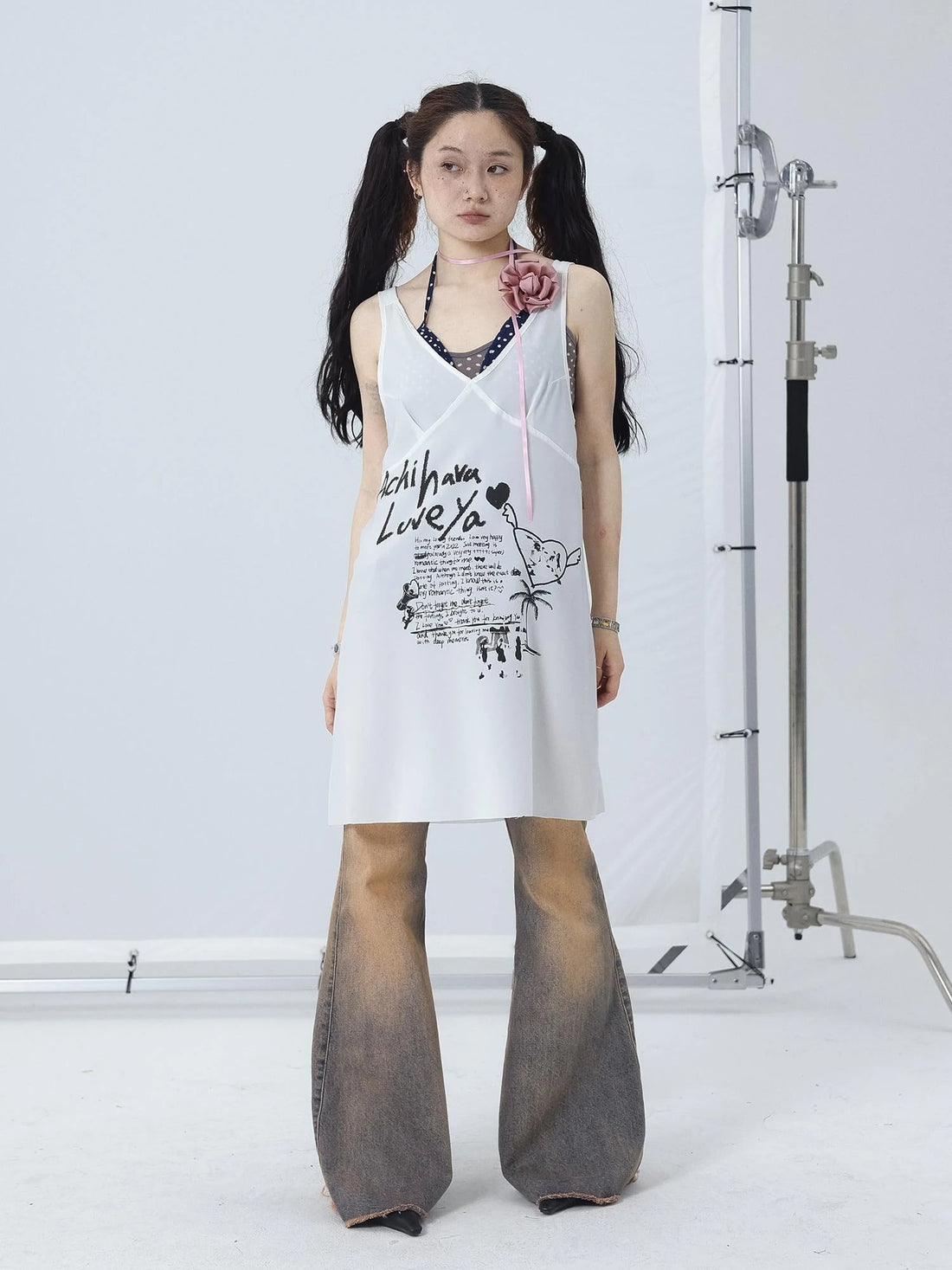 White Floral Print V-Neck Slip Dress Loose Fit Midi