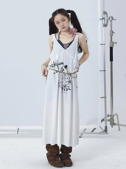 White Floral Print V-Neck Slip Dress Loose Fit Midi