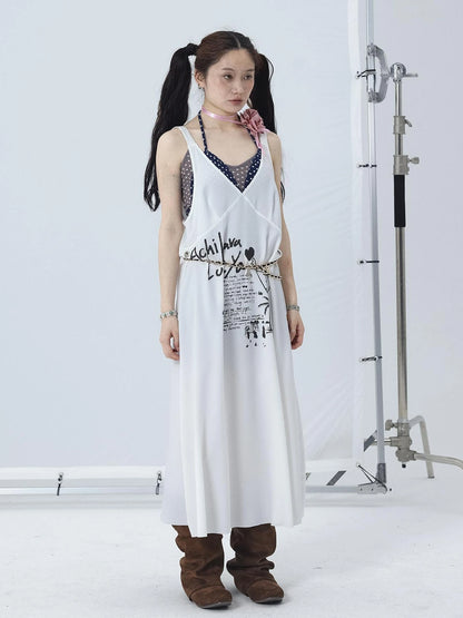 White Floral Print V-Neck Slip Dress Loose Fit Midi