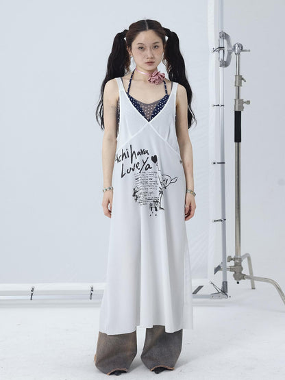 Achihara White Floral Print V-Neck Slip Dress Loose Fit Midi