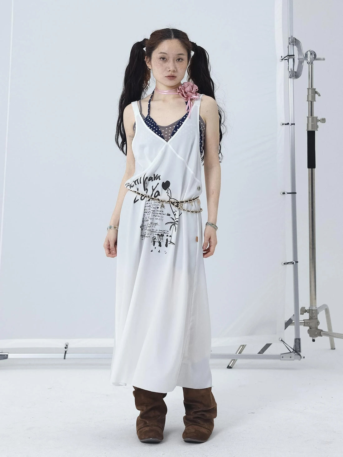 White Floral Print V-Neck Slip Dress Loose Fit Midi