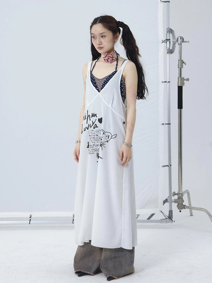 White Floral Print V-Neck Slip Dress Loose Fit Midi