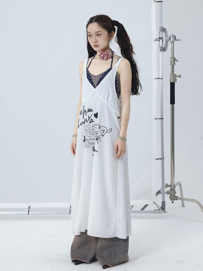 Achihara White Floral Print V-Neck Slip Dress Loose Fit Midi