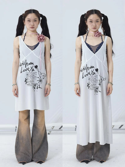 White Floral Print V-Neck Slip Dress Loose Fit Midi