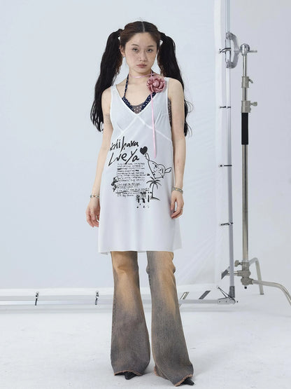 White Floral Print V-Neck Slip Dress Loose Fit Midi