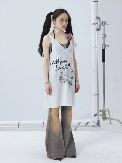 White Floral Print V-Neck Slip Dress Loose Fit Midi