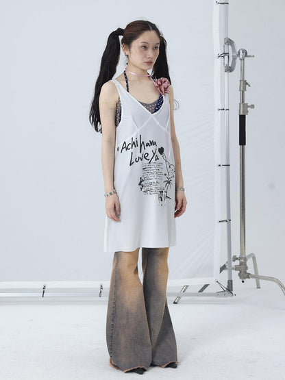 Achihara White Floral Print V-Neck Slip Dress Loose Fit Midi
