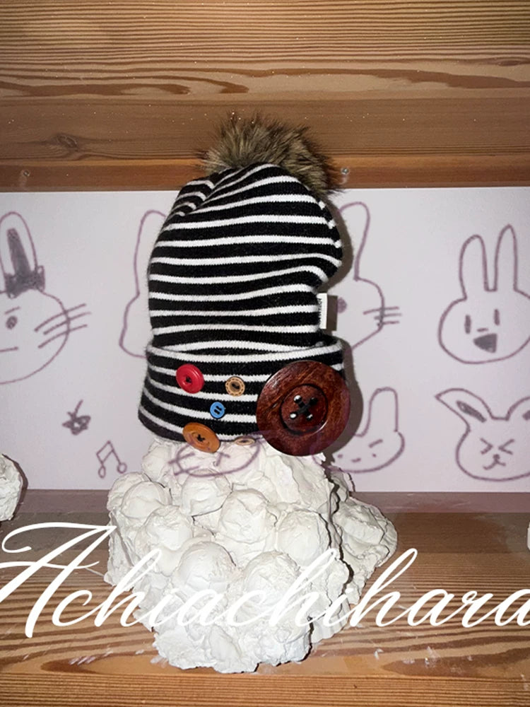 Achihara Windproof Casual Striped Knit Beanie With Button Closure Unisex Black White Hat-1