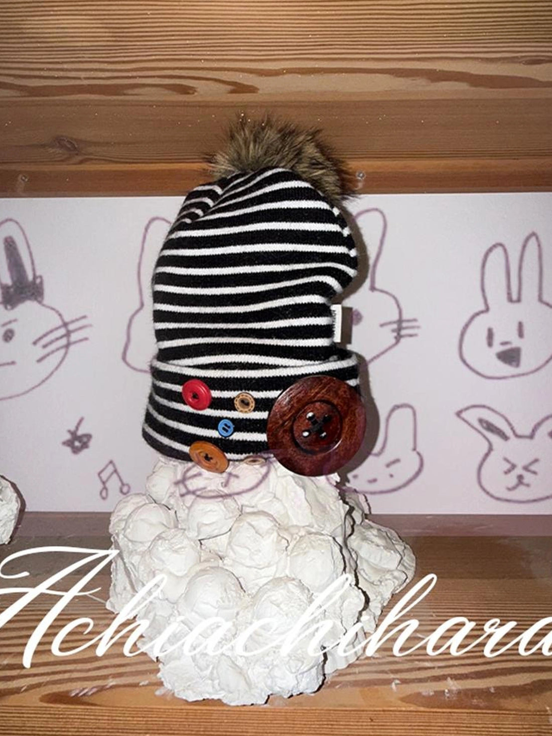 Achihara Windproof Casual Striped Knit Beanie With Button Closure Unisex Black White Hat