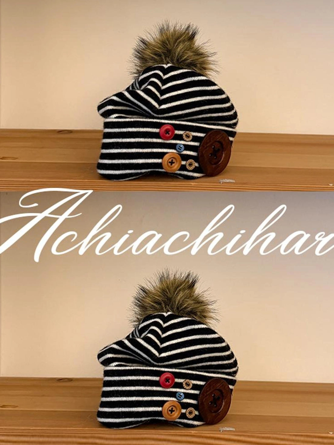 Achihara Windproof Casual Striped Knit Beanie With Button Closure Unisex Black White Hat