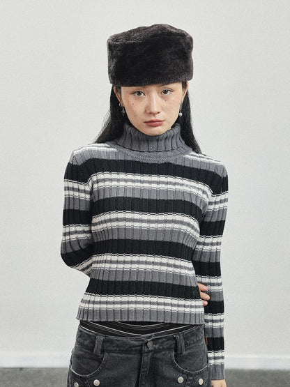 Achihara Women Striped Knit Sweater Short Sleeve Round Neck Slim Fit Top