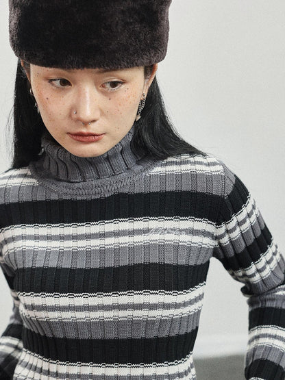 Achihara Women Striped Knit Sweater Short Sleeve Round Neck Slim Fit Top