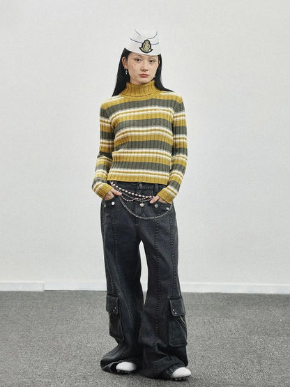 Women Striped Knit Sweater Short Sleeve Round Neck Slim Fit Top