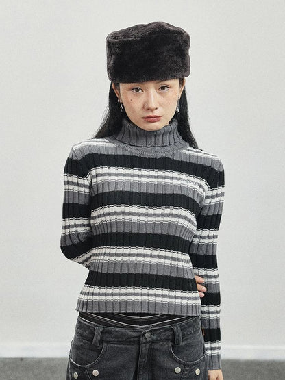 Women Striped Knit Sweater Short Sleeve Round Neck Slim Fit Top